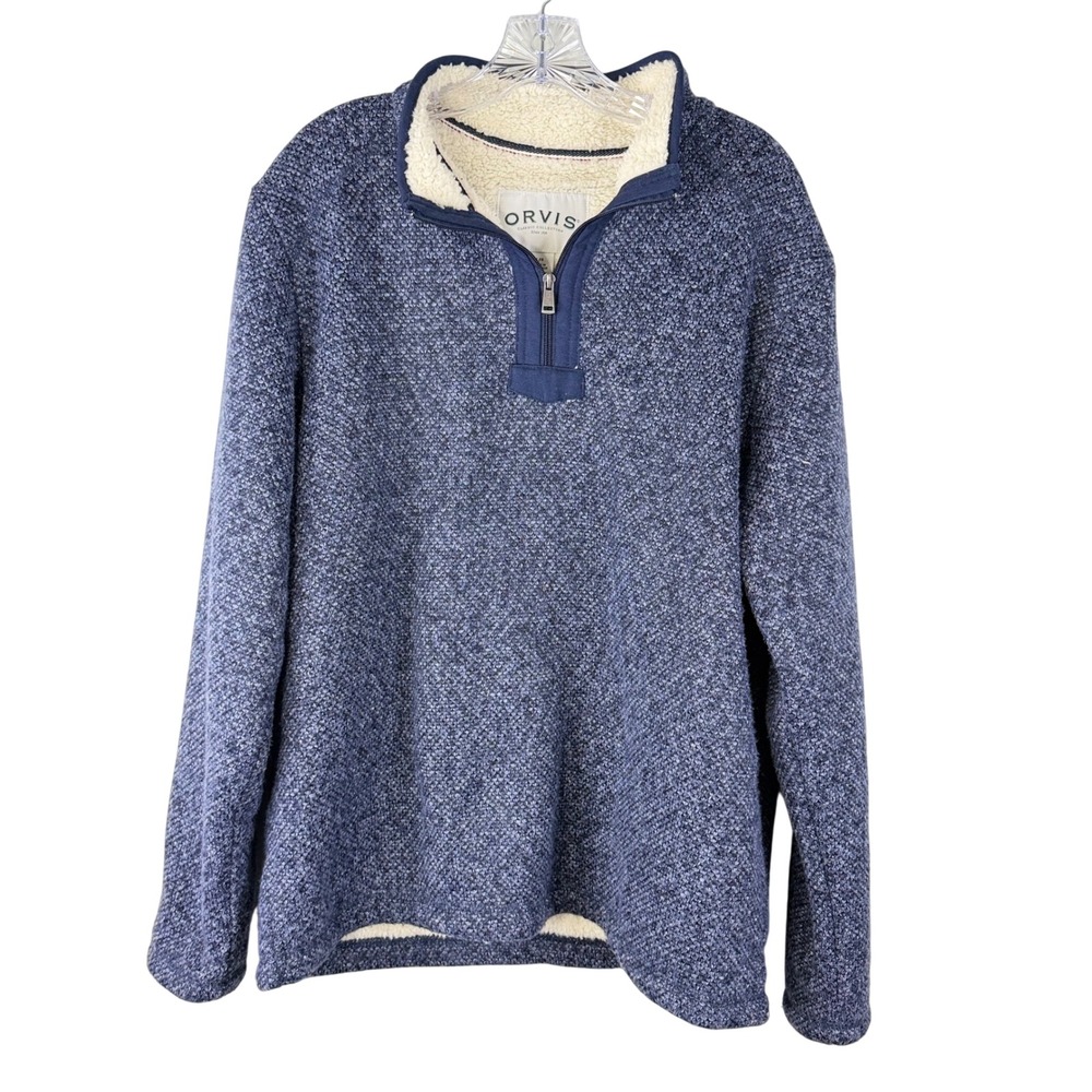 Orvis Mens‎ Blue Sherpa Lined Quarter Zip Fleece Pullover Sweater L Cabincore